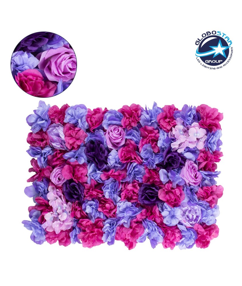 GloboStar® 78332 Artificial - Συνθετικό Τεχνητό Διακοσμητικό Πάνελ Λουλουδιών - Κάθετος Κήπος Τριαντάφυλλο - Ορτανσία - Βιολέτα - Φουξια - Μωβ - Γαλάζιο Μ60 x Υ40 x Π7cm